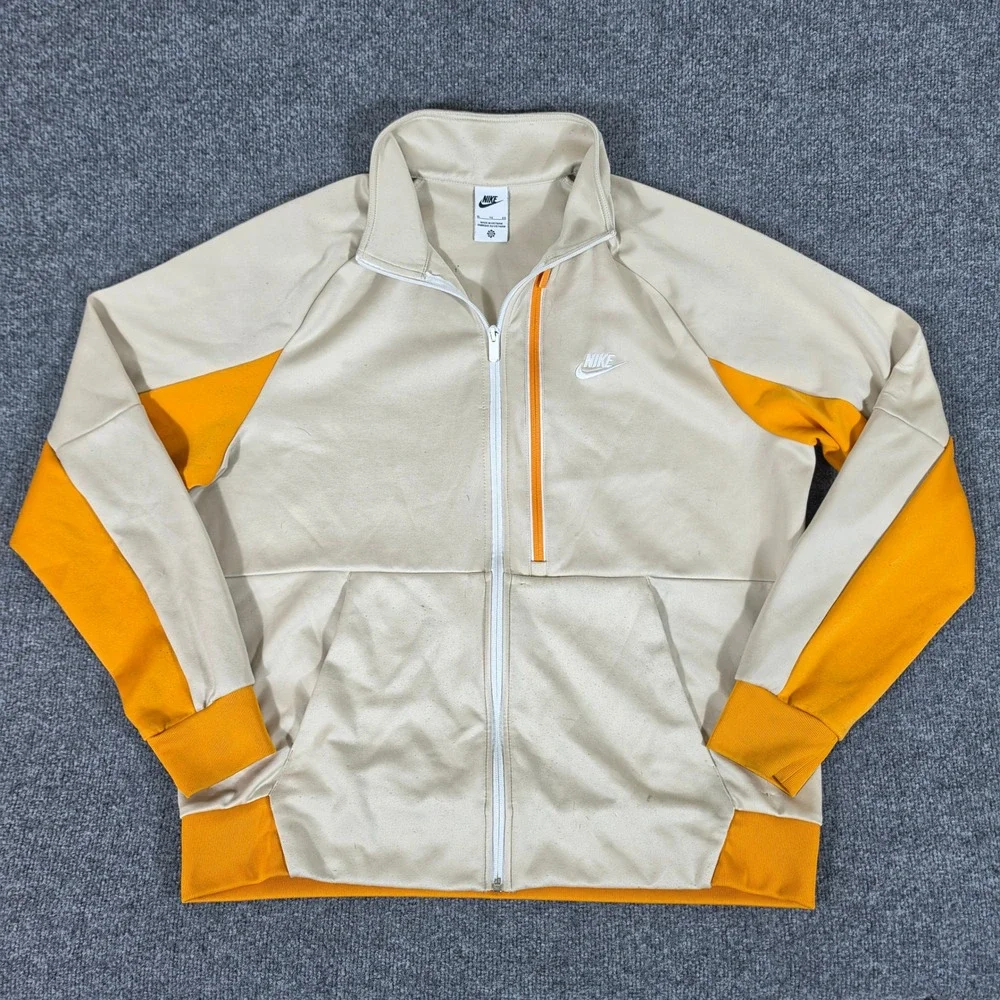Y2K Nike Mens Track Jacket XL Beige Orange Colorblock Full Zip Mock Neck Flaw